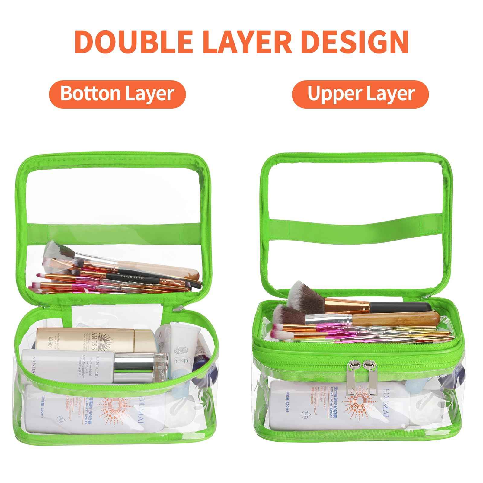 HAOGUAGUA Double Layer Clear Cosmetic Bag Makeup Bag, Waterproof Travel Toiletry Bag, Transparent PVC Pouch Organizer (Green)