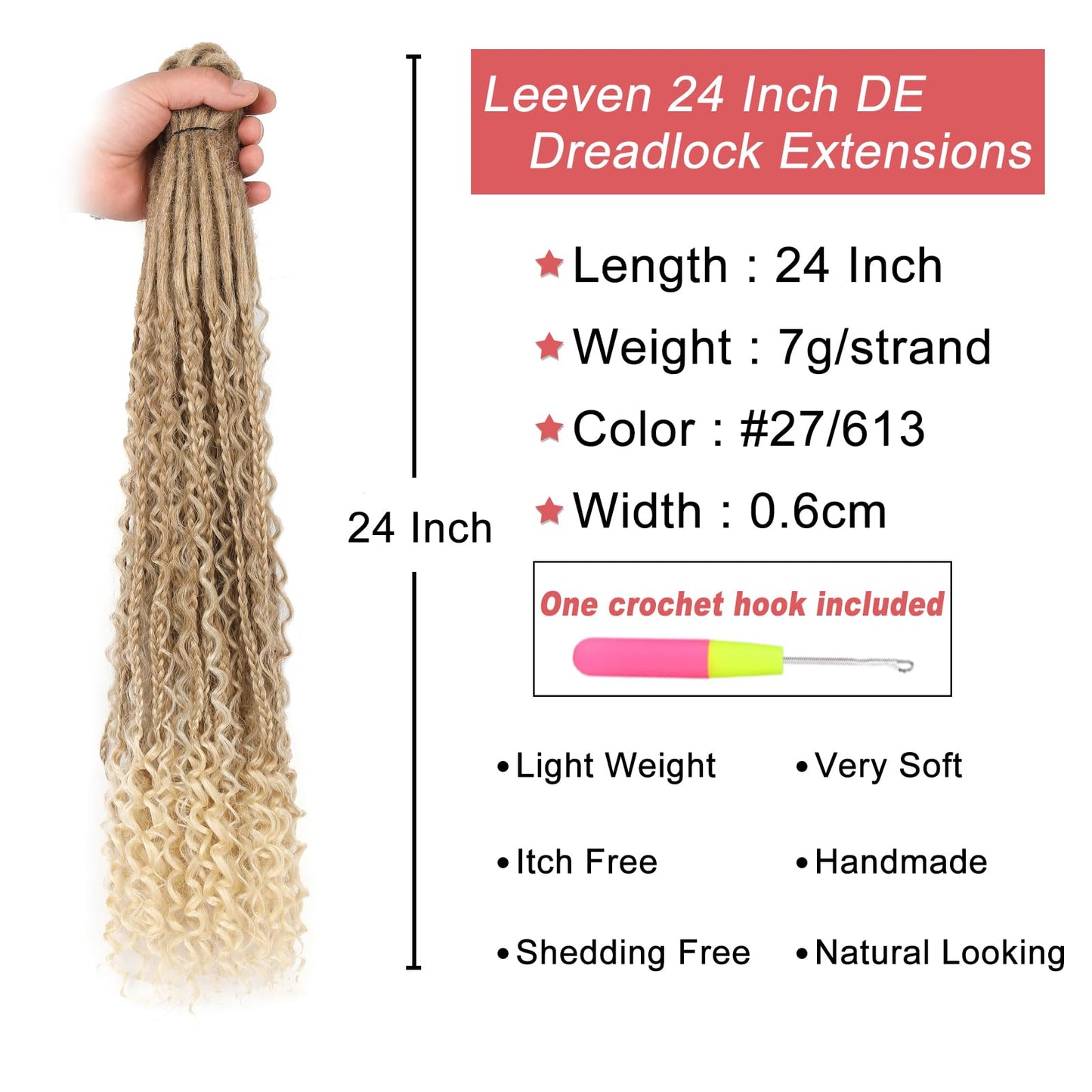 Leeven Double Ended Synthetic Dreadlock Extensions 24 Inch Ombre Blonde Boho Crochet Hippie Dreads 10 Strands Handmade Bohemian Box Braids with Curly Ends for Women