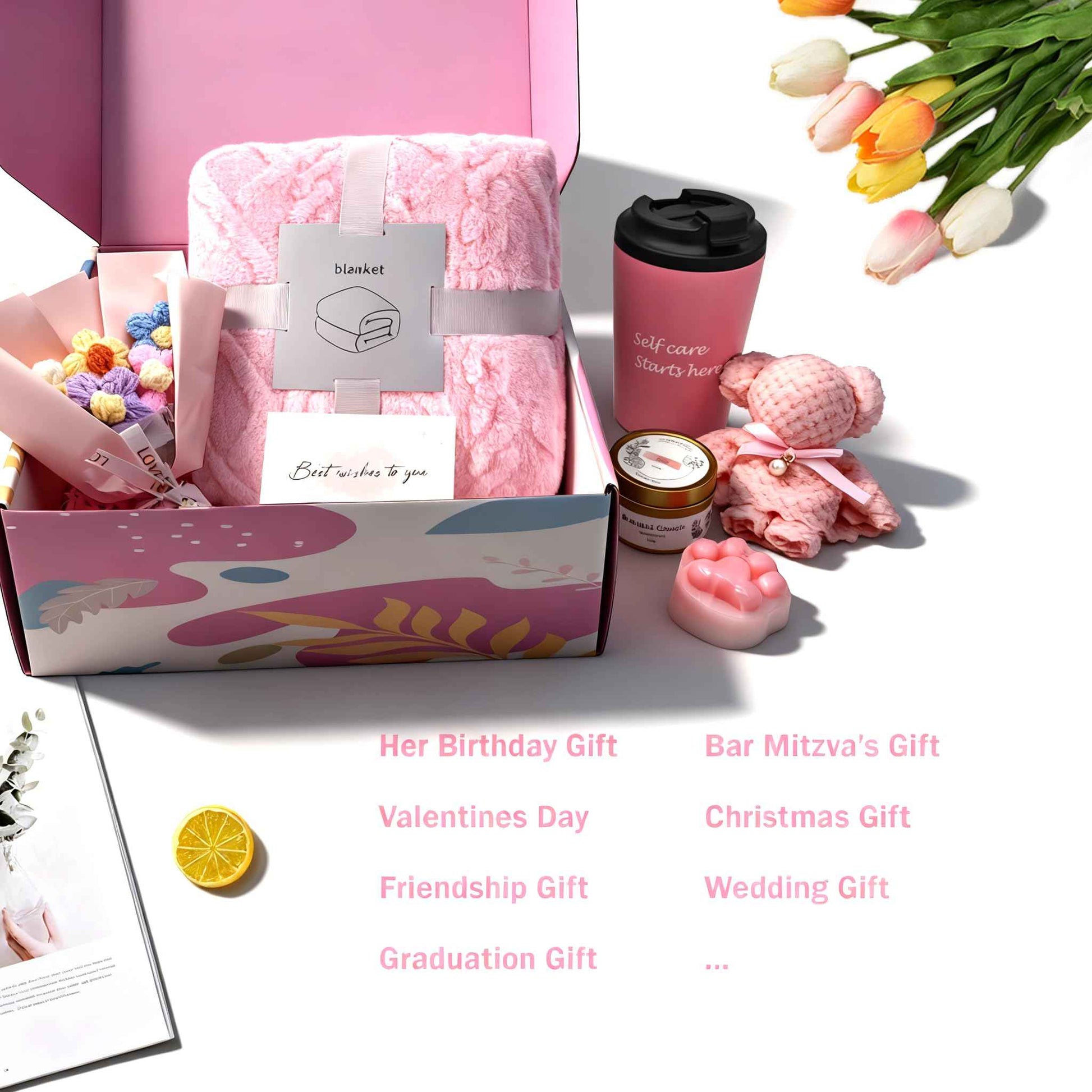 Self Care Gift Set for Women Birthday Christmas Valentine's Day Anniversary Gifts Basket for Her Bestie Girlfriend Daughter Friends Sister with Tuff Blanket, Coffee Mug, Scented Candle etc.