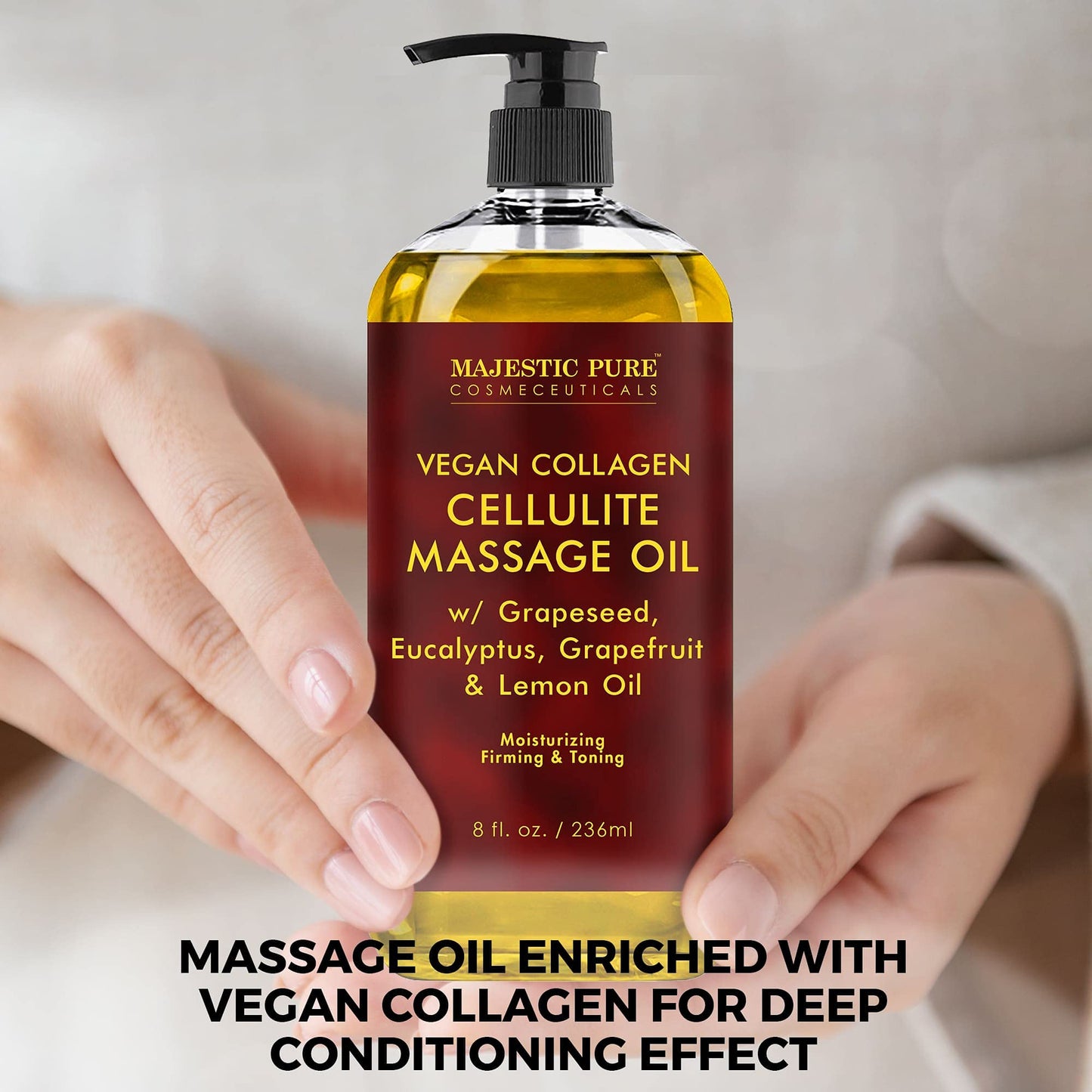 MAJESTIC PURE Cellulite Massage Oil - with Vegan Collagen & Stem Cells, Unique Blend of Massage Essential Oils - Anti Cellulite Oil Improves Skin Tightening and Firming, 2 x 8 fl oz