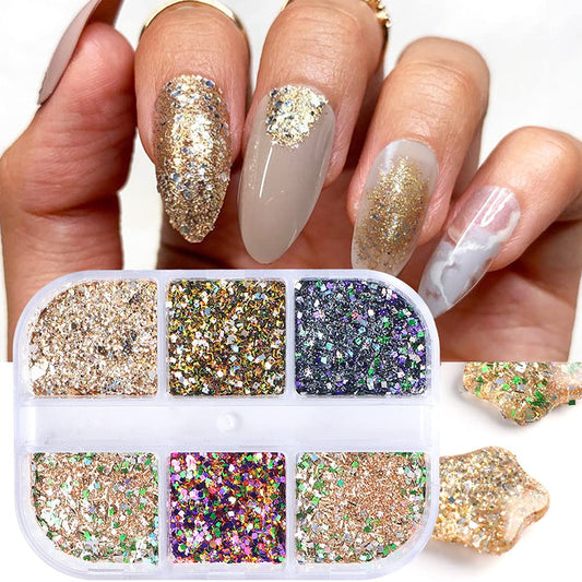 Holographic Nail Art Glitter Sequins Kits, 3D Sparkly Nail Art Foil Flakes Nail Art Supplies Shiny Acrylic Nails Powder Dust Rose Gold Confetti Nail Art Decoration Sparkles for Manicure Tips 6 Colors