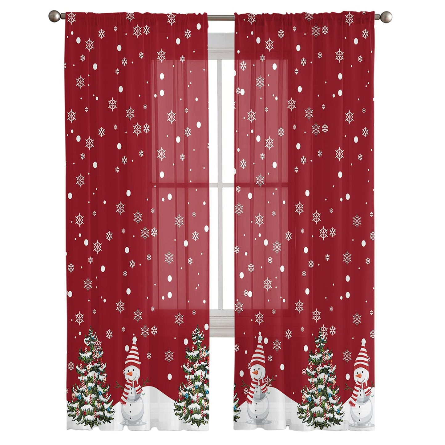 Christmas Sheer Curtains 72 Inches Length 2 Panels Set, Snowman Red Decor Bedroom Curtain Drapes, Xmas Tree Winter Snowflake Semi Curtain Sheers for Living Room/Cafe, Rod Pocket Voile Window Treatment