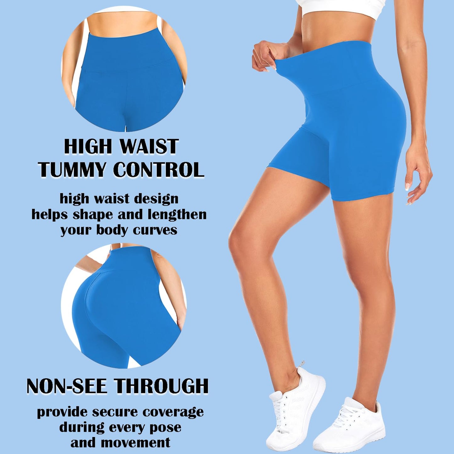 FULLSOFT High Waisted Biker Shorts for Women-5" Tummy Control Fitness Athletic Workout Running Yoga Gym Shorts(Madagascar Blue,Large-X-Large)