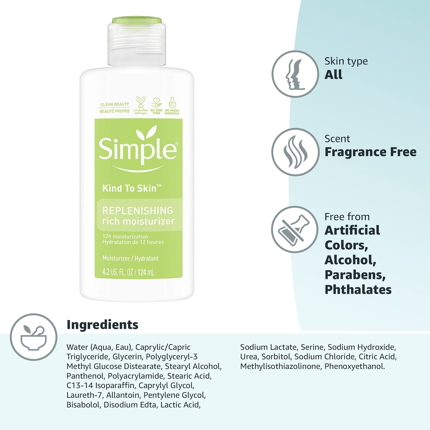 Simple Kind to Skin Face Moisturizer For Sensitive Skin Replenishing Rich 12-Hour Moisturization for All Skin Types 4.2 oz