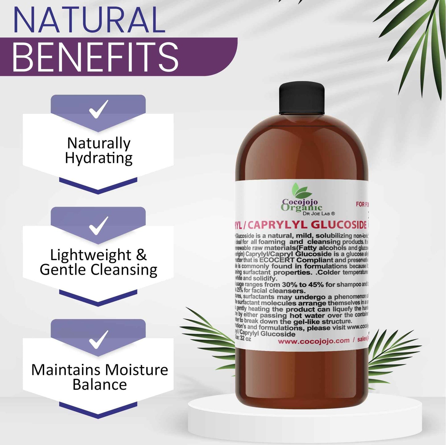 Dr Joe Lab Capryl Glucoside Liquid Surfactant - Caprylyl Natural, Plant Derived - DIY Skin Care - Shower Gels, Foaming, Body Soap, Shampoos Baby Products Face Cleansers - COCOJOJO - 32 Oz