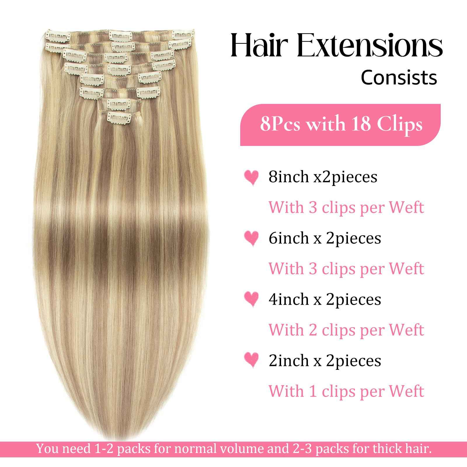 Human Hair Clip in Extensions Ash Blonde and Highlighted Bleach Blonde Clip in Hair Extensions Real Human Hair 14inch/90g Straight Clip ins 100% Real Human Hair Extension for Women 8pcs