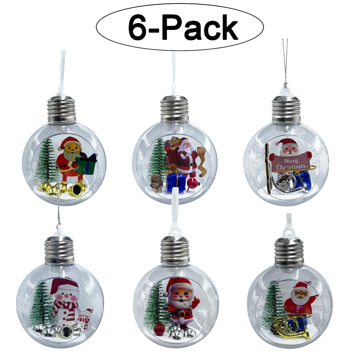 6 Pcs Christmas Tree Balls Ornaments ，Christmas Tree Decoration Balls，Warm Light Decorative Ball，3.15 inch Glowing Transparent Christmas Ball，Half Open Shape