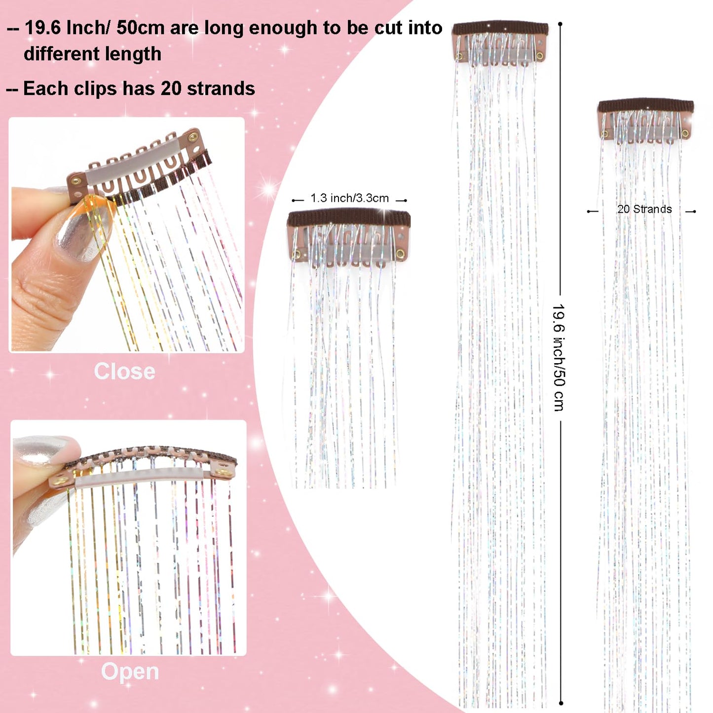 USHUIUS Hair Clip Tinsel Extensions, 12Pcs Hair Tinsel Clips, Glitter Tinsel Hair Accessories, Heat Resistant, Sparkly, for Girls Women Kids, Colorful, 50cm/19.6 Inch