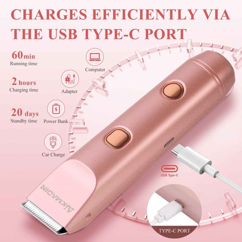 Bikini Trimmer for Women, 2-in-1 Electric Razor & Shaver with IPX7 Waterproof, Low-Noise Painless Design, Wet & Dry Hair Remover for Face, Body & Intimate Areas, 60 Mins Cordless Runtime