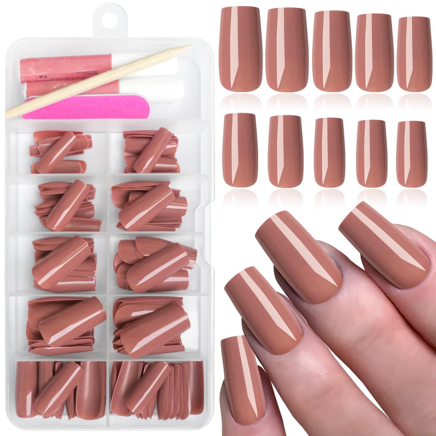 Bellelfin 120Pcs Square Press on Nails Medium Glue on Nails,Glossy Solid Color Fake Nails Full Cover Acrylic Nails Press on for Women Girls Artificial Fingernails Caramel Nails