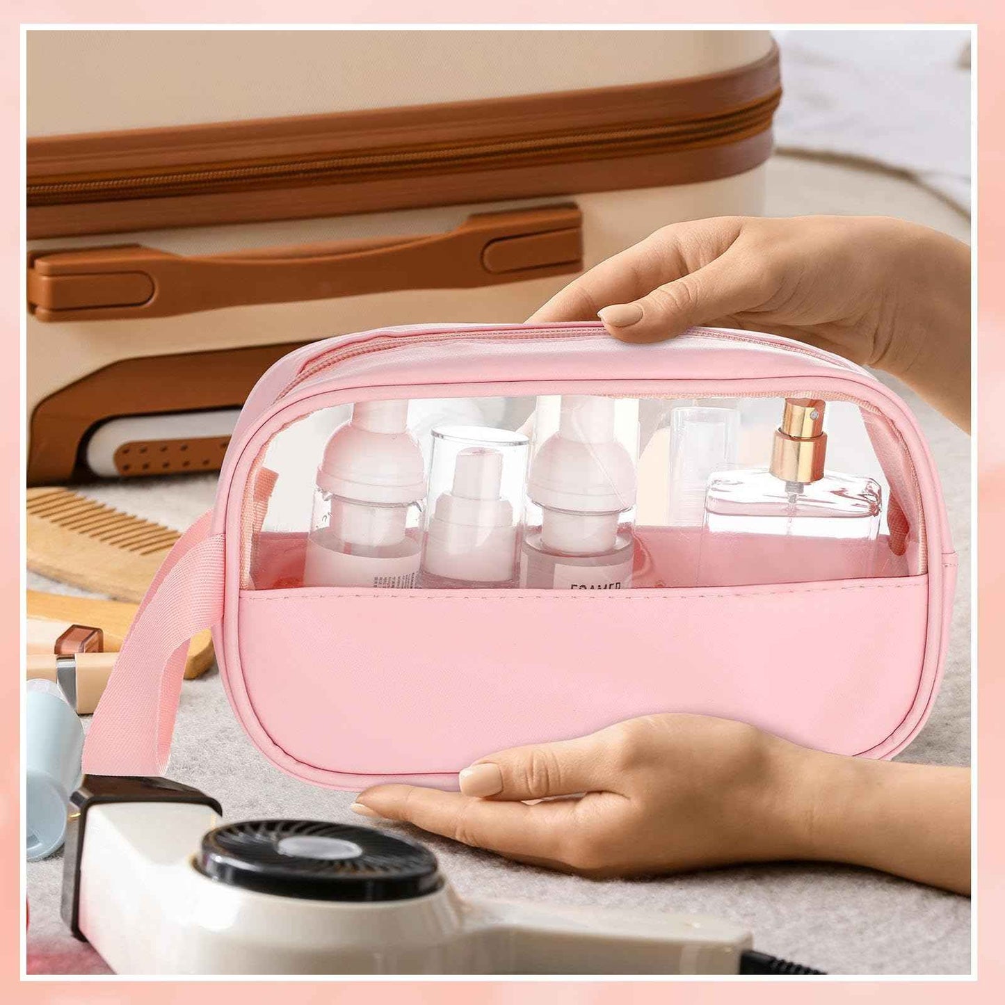 Tanlade 18 Pcs Clear Cosmetic Bags Bulk, Translucent Makeup Toiletry Bag for Women Waterproof Portable Cosmetic Bag Set Traveling Make up Organizer(Pink)