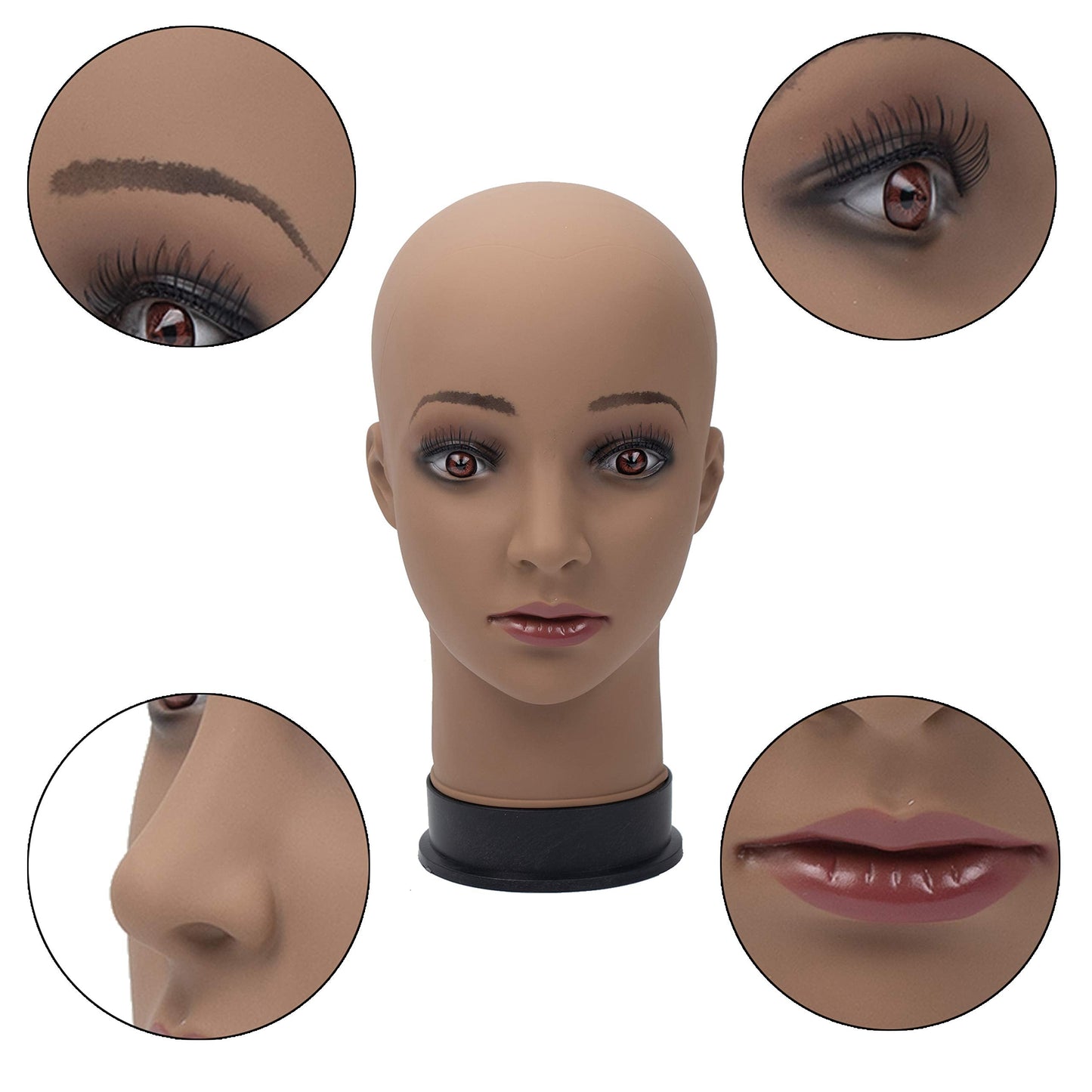 BHD BEAUTY Bald Mannequin Head Brown Female Professional Cosmetology for Wig Making, Display wigs, eyeglasses, hairs with T pins 22''