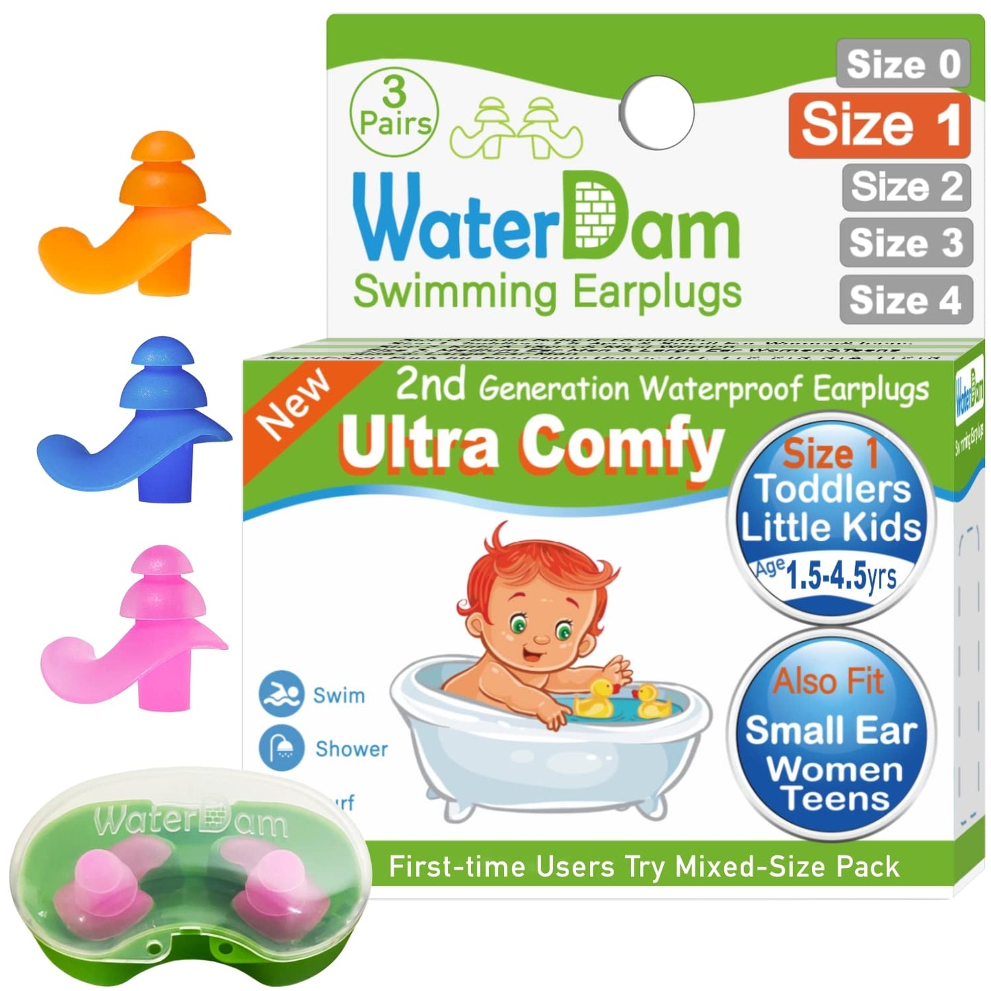 WaterDam Swimming Ear Plugs Great Waterproof Ultra Comfy Earplugs Prevent Swimmer's Ear