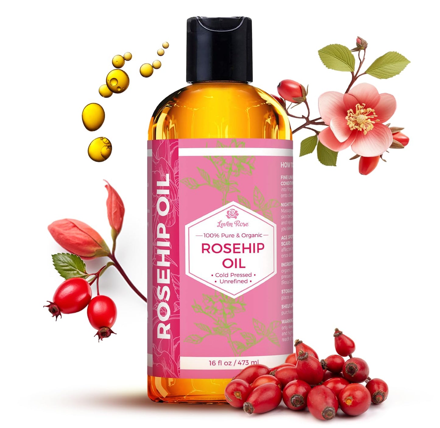 Leven Rose Rosehip Seed Oil for Face 16 oz - Pure Rosehip Oil for Face - Unrefined Cold Pressed Rosehip Oil for Body - Nighttime Face Moisturizer for Hair, Skin & Nails