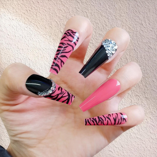 Rchovsam Pink Extra Long Coffin Press on Nails French Zebra Print Fake Nails Pink Black with Diamond Design False Nails Acrylic Arificial Stick on Nails Full Cover Gel Nails Gift for Womens 24pcs