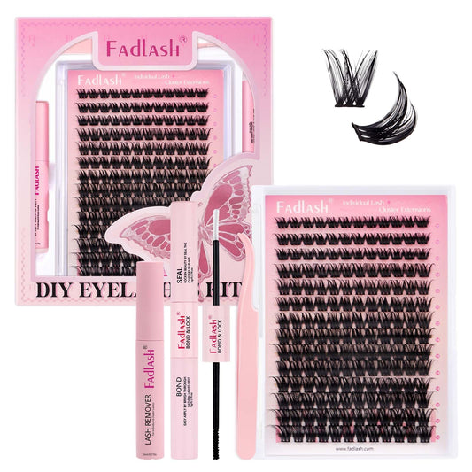 FADLASH Lash Clusters Kit Individual Lash Extensiones Wispy Faux Mink 10-16mm DIY Eyelash Extension Kit Eyelash Clusters Lashes with Bond and Seal and Remover Lash Tweezer for Self Use（R13-D-10-16MIX)