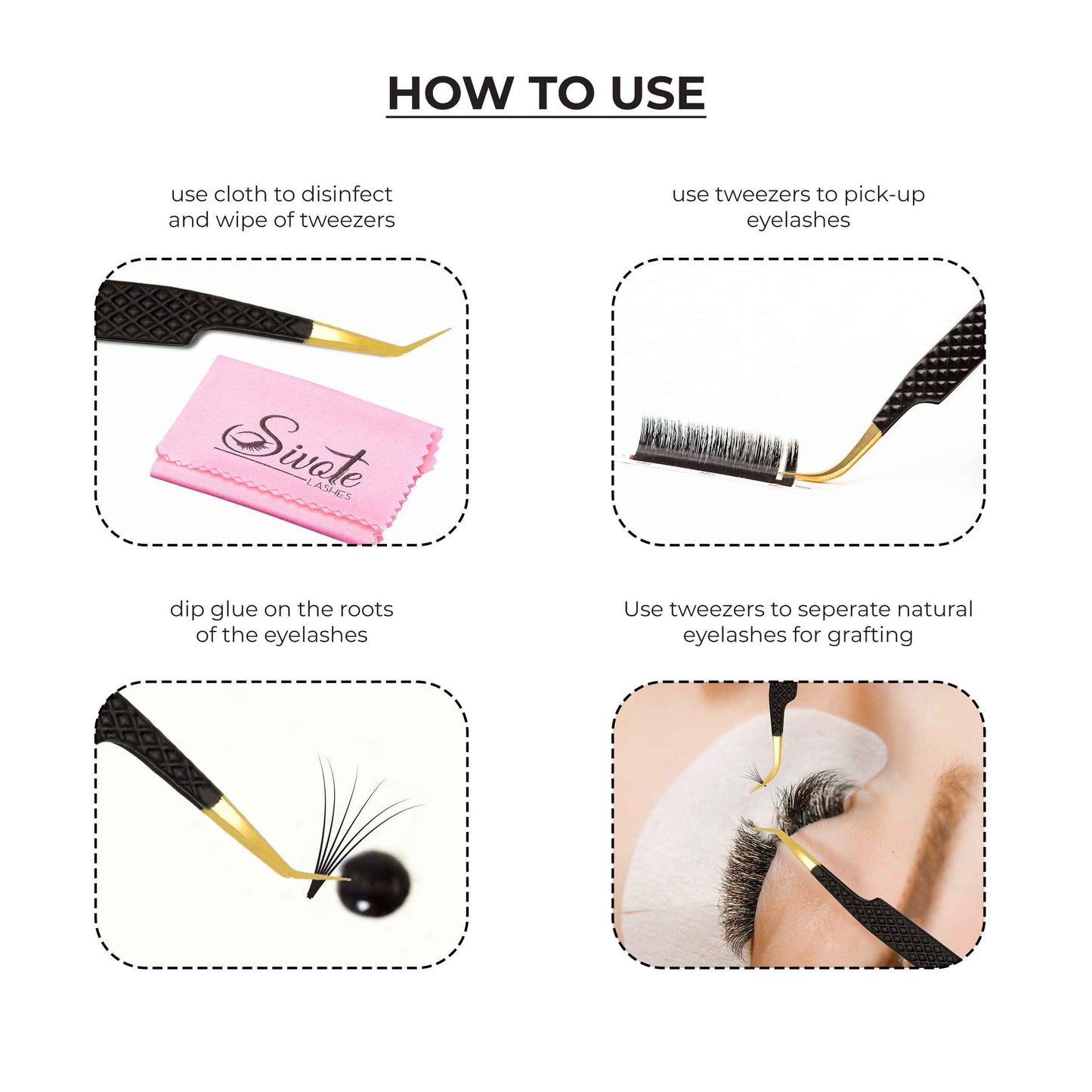 SIVOTE Fiber Tip Lash Tweezers for Eyelash Extensions with Diamond Grip, Black, Set of 4 - Precise Tips Japanese Steel for Classic, Volume & Mega Volume Lashes, Anti-Rust - Ideal for Lash Artists