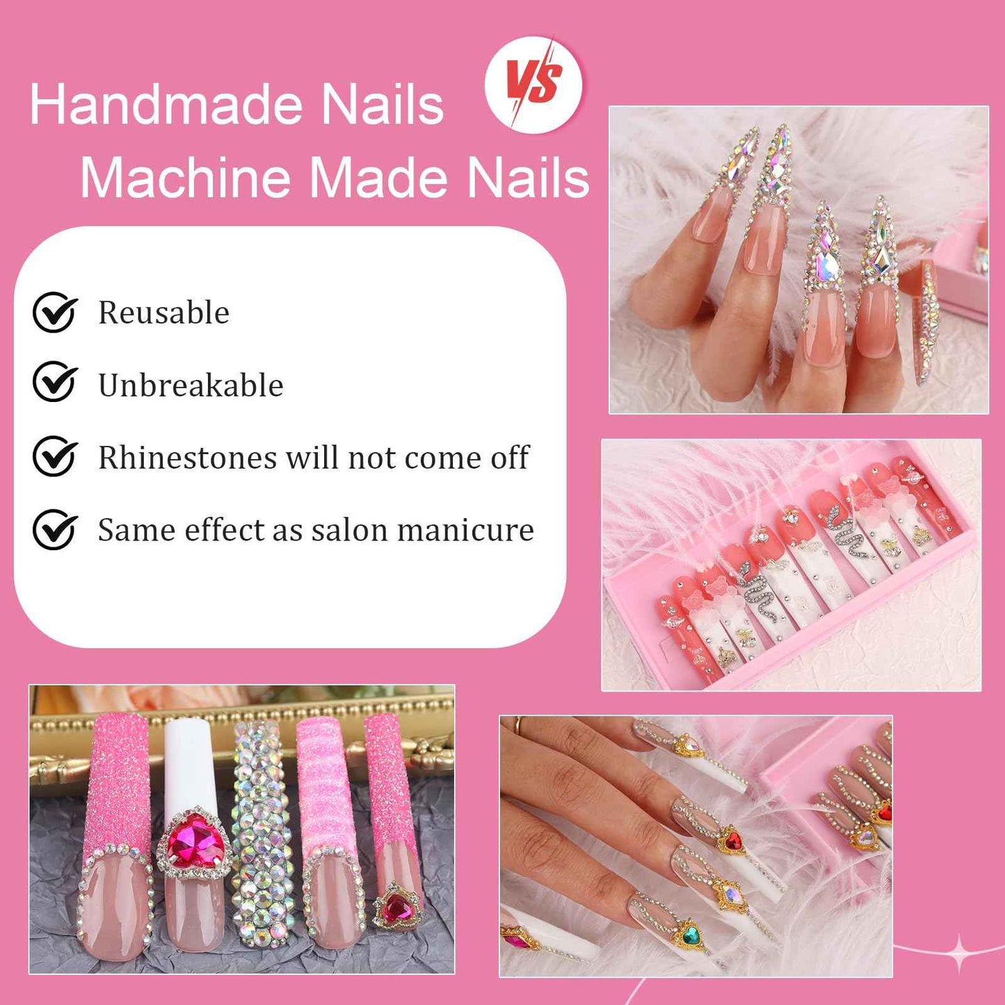 Handmade Long Acrylic Nail Tips, Pink Press on Nails with Full Covered Crystals, Fake Luxury Diamond Nails, Long Square False Nails, Gifts for Women, Reusable Stick On Nails 10Pcs,Hot pink Size M