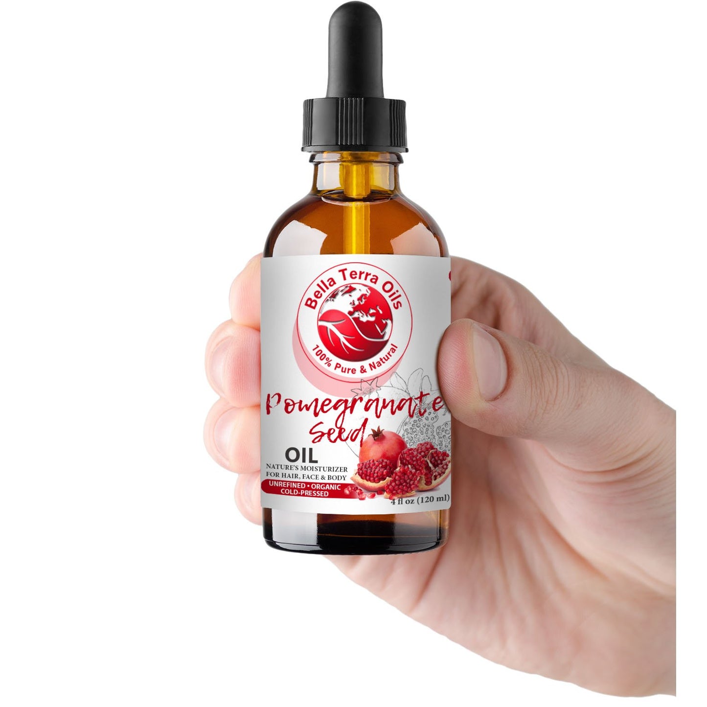 Bella Terra Oils - Organic Pomegranate Seed Oil 4oz - Basking in Phytosterols & Linoleic Acid, The Ultimate Blend for a Silken Touch & Healthy-Looking Glow