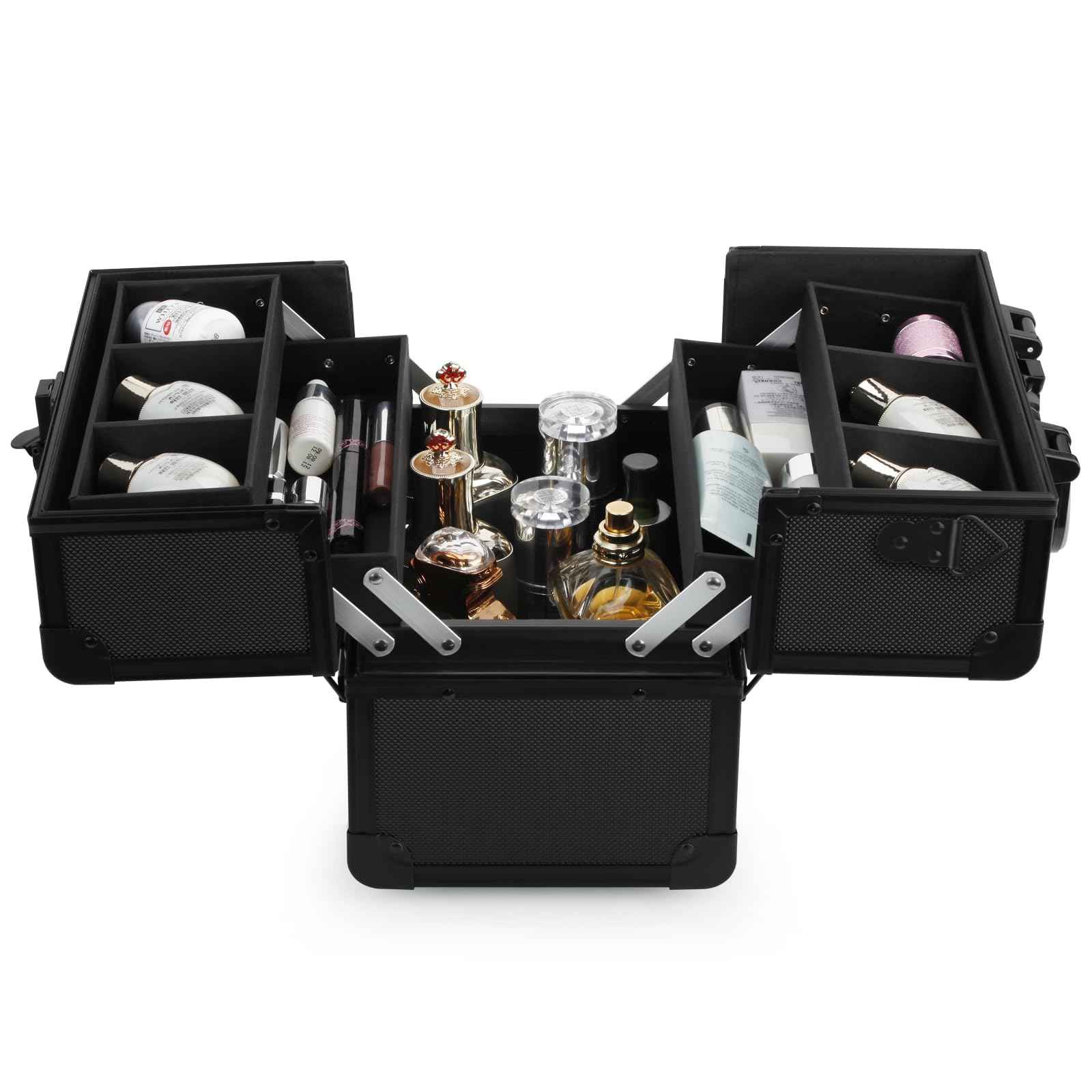 Makeup Case - Professional Portable Aluminum Cosmetics Storage Box With Locks and 2-Deck Folding Trays Black Diamond