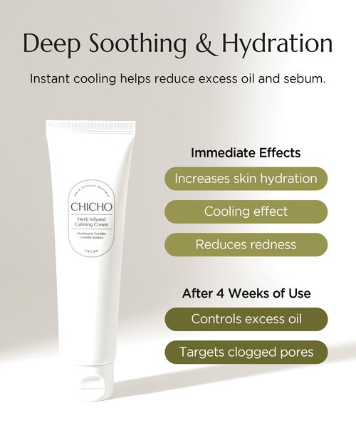 CHICHO Herb Infused Calming Cream - Korean Face Moisturizer with 68.8% Heartleaf & 6-Cica Complex - For Sensitive Acne Prone Skin, Vegan Clean Formula, 2.37 fl.oz.