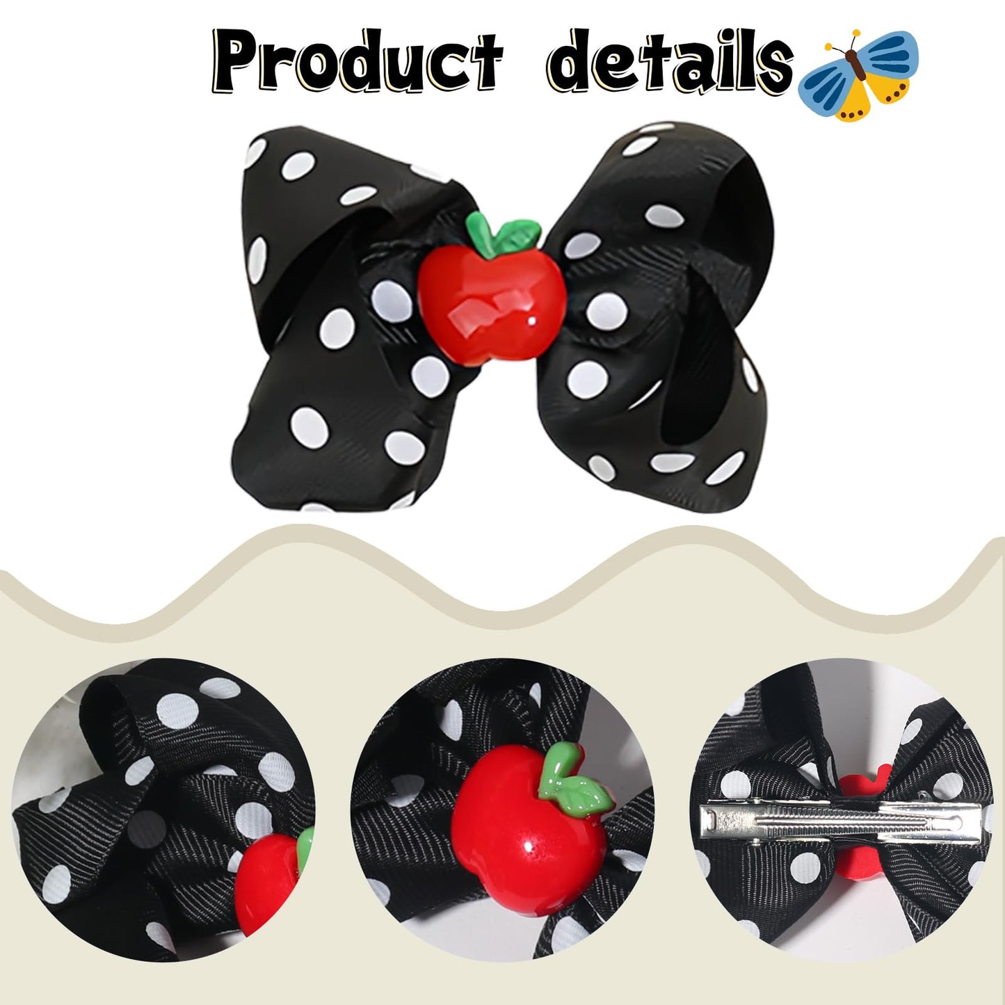 Back to School Hair Clips Cute Hair Clip Fruit Hair Bows for Toddler Black Bow Hairpin for Girls White Dot Hair Barrettes Hairpins for Kids First Day of School Hair Accessories for Hair Styling 2PCS