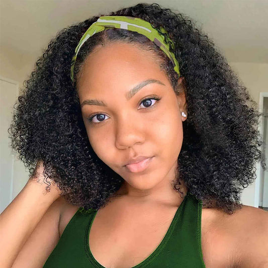 Coshgirl Headband Wig Human Hair Kinky Curly for Black Women Curly Headband Wig Human Hair Machine Made Glueless None Lace Front Wigs Brazilian Virgin Wig Natural Color 150% Density 12Inch