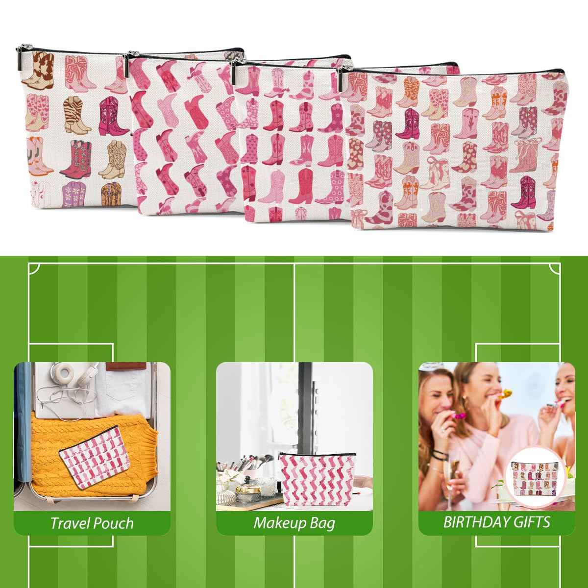 4pcs Pink Cowboy Boots Makeup Bag Hot Pink Cowgirls Cosmetic Bags Cowboy Boots for Women Makeup Bag, Cowgirls Gifts for Women Friends Sisters Birthday Gift, Toiletry Zipper Pouch