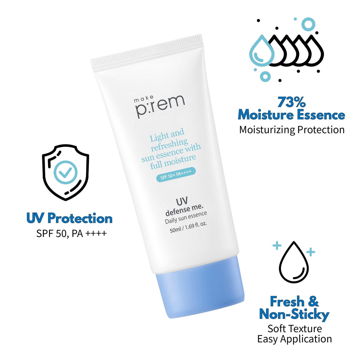 MAKEPREM UVA UVB Defense Me Daily Sun Essence VEGAN Makeup Sunscreen Gel SPF 50+ PA++++ 1.69 Fl Oz Reef-Safe Moisture Sunblock Strong UV Blue Ray Broad Protection Dry Oily Sensitive Acne-Prone Skin