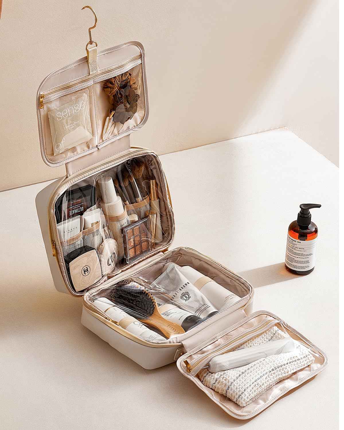 EACHY Toiletry Bag with Hanging Hook, Travel Makeup Bag PU Leather Cosmetic Bags for Women Make Up Organizer with 4 Compartments Waterproof Full-Size Portable Travel Essentials (Beige)