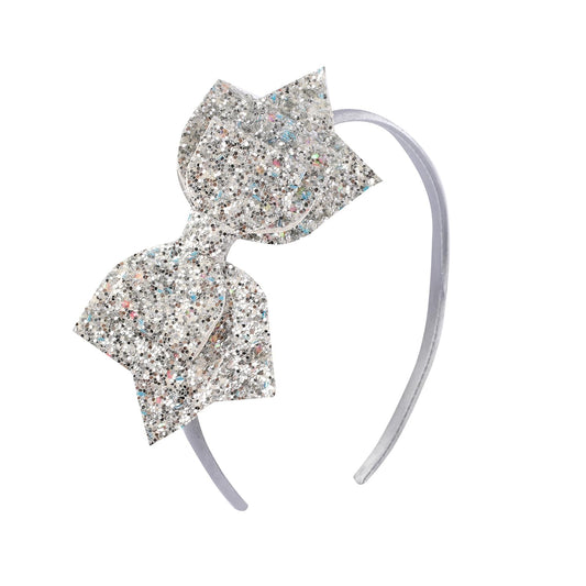 Amybasic Silver Glitter Sequin Bow Hairband: Shimmering Bow Knot Design on Durable Plastic Headband-Perfect Kid's Hair Accessory(1 Piece)