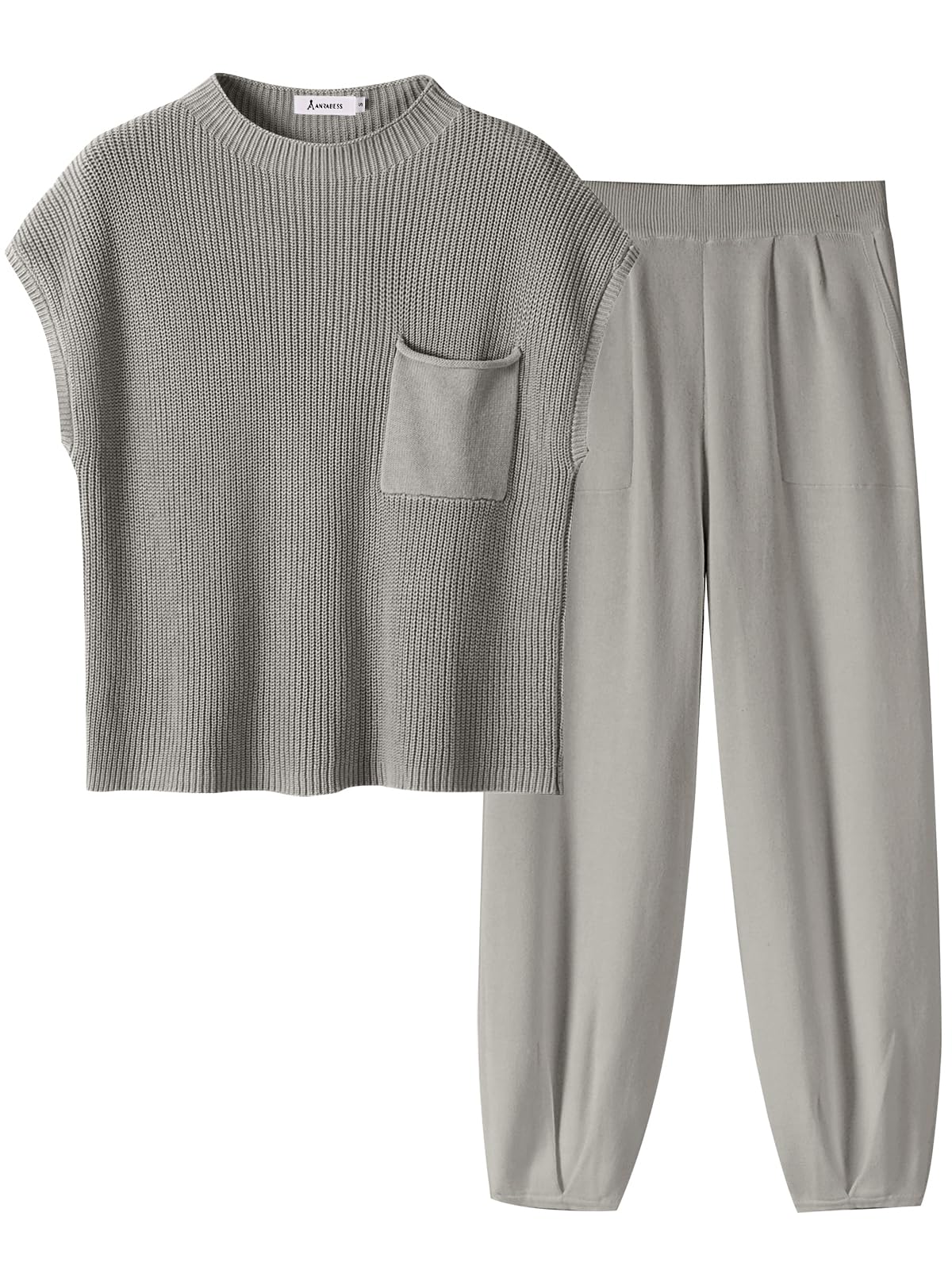 ANRABESS Women's Two Piece Outfits Knit Sweater Pullover Crop Top & Pants Lounge Matching Tracksuit Sweatsuit Sets 2024 Trendy Loungewear Clothes Light Grey X-Small