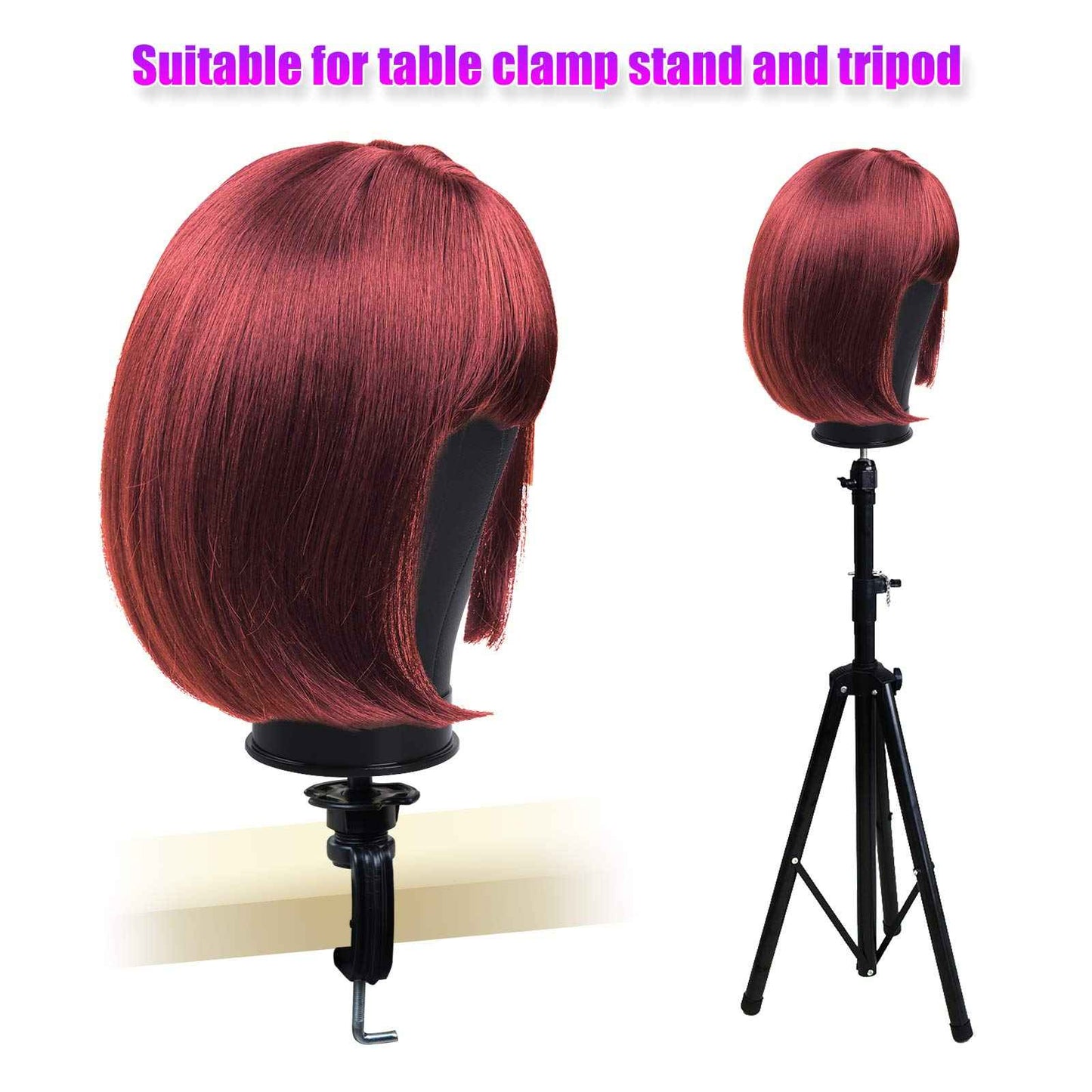 Bileaf 22 Inch Leather Wig Canvas Block Mannequin Head with Stand for Wigs Making Display Styling Canvas Head with Table C Stand Clamp Holder(Black Leather)