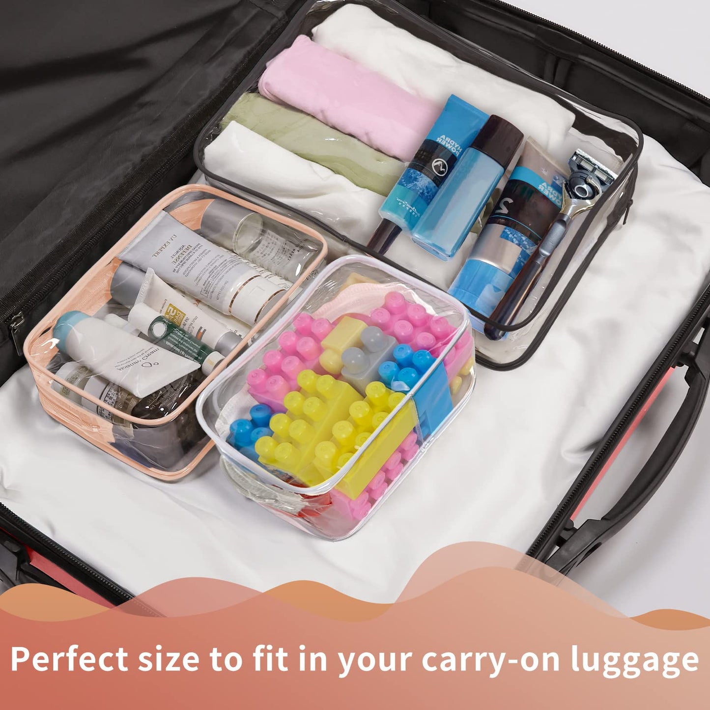 TISRATOK 12 PCS Clear Toiletry Bag for Women Men, Transparent Cosmetic Bag for Travel Makeup Organizer TSA Approved Pouch - Black,Medium
