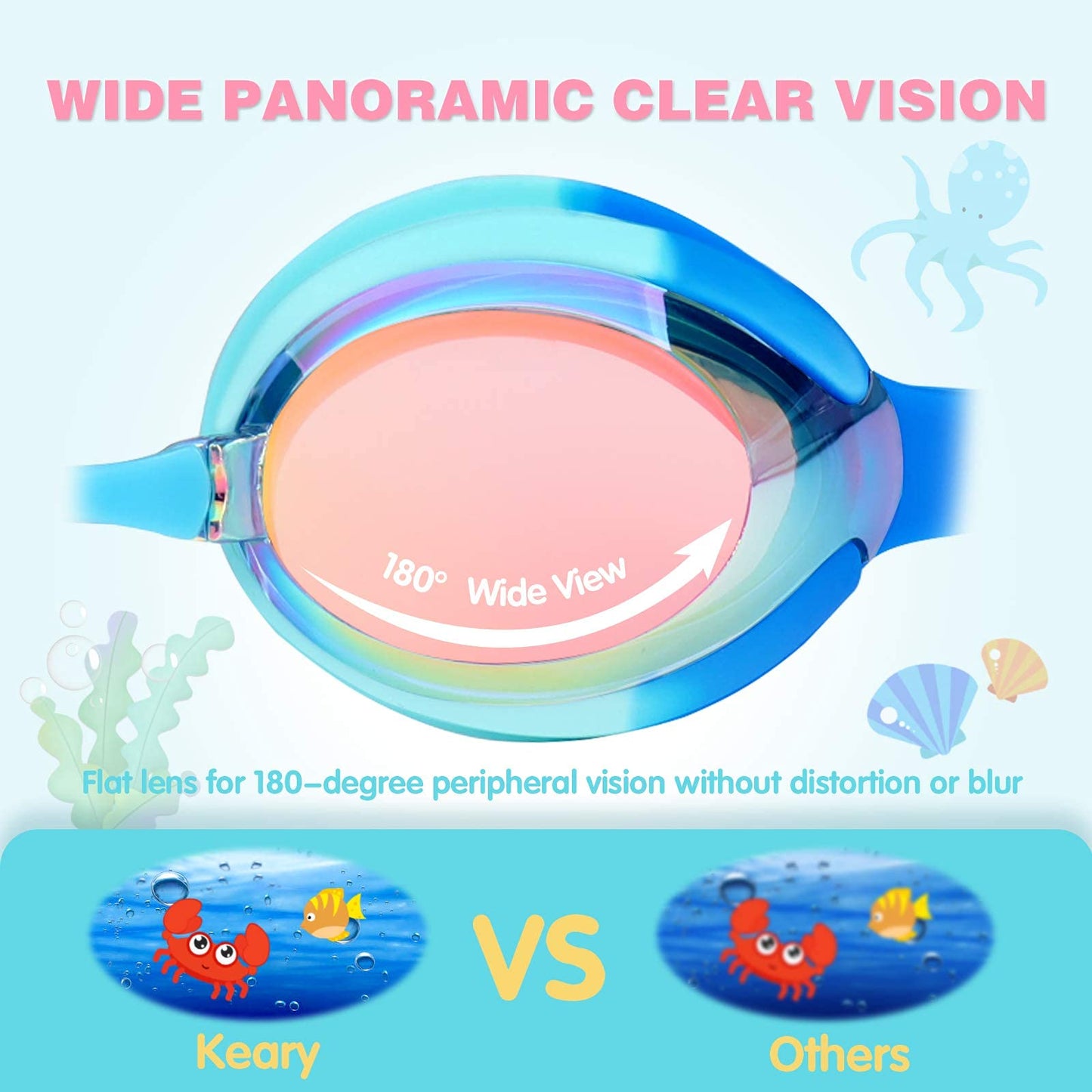 Keary 2 Pack Kids Swim Goggles Swimming Goggles for Toddler Children Girls Boys Youth, Anti-Fog Waterproof Anti-UV Clear Vision Mirror Flat Lens Water Pool Goggles with 3 Nose Pieces, Kids Goggles