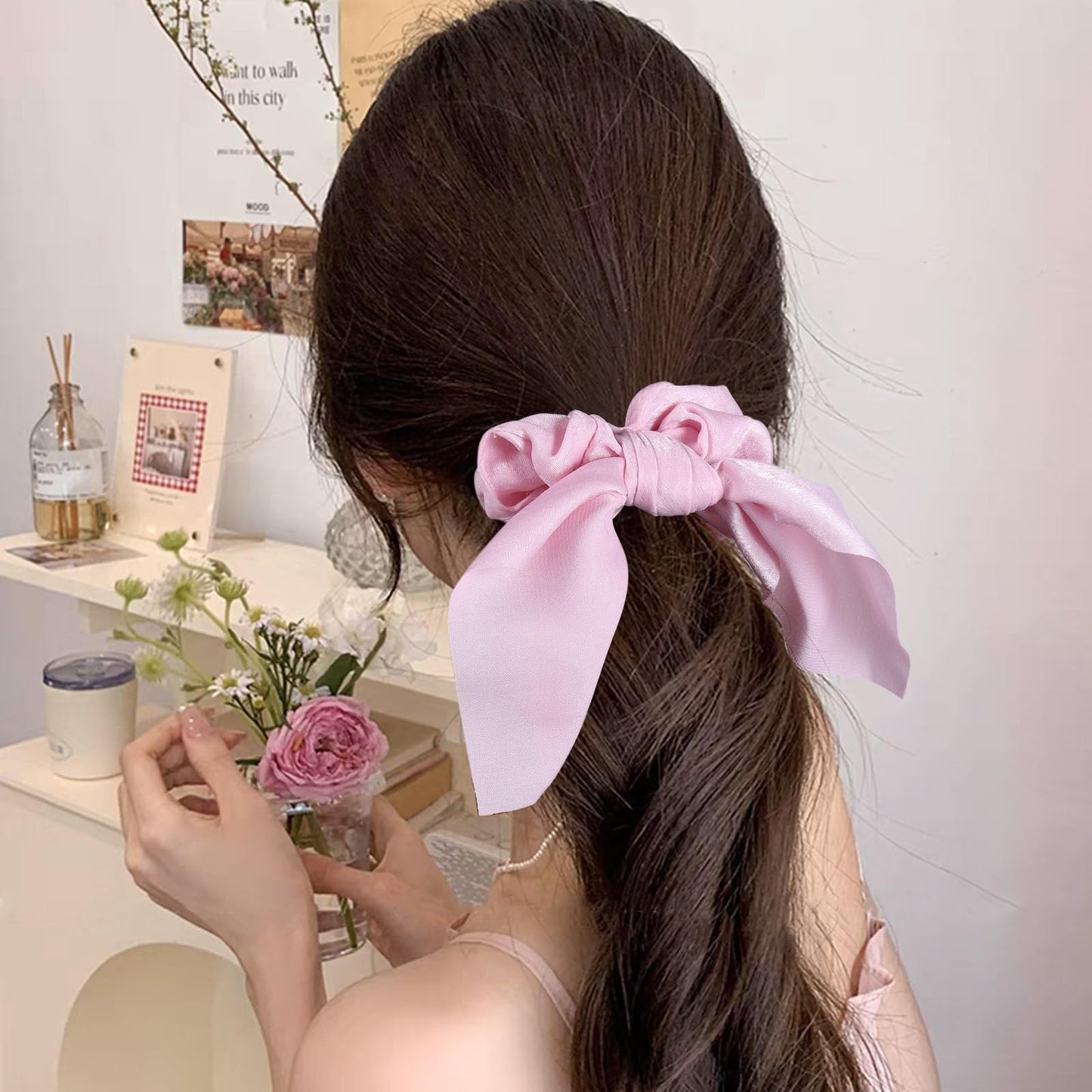 6 PCS Bow Hair Scrunchies Bunny Ears Silk Scrunchies Hair Ties, Bobbles Elastic Hair Ties Ropes Ponytail Holder, Women Teen Girl Stuff Hair Accessories, Gift Headdress Decor, Back to School Outfits