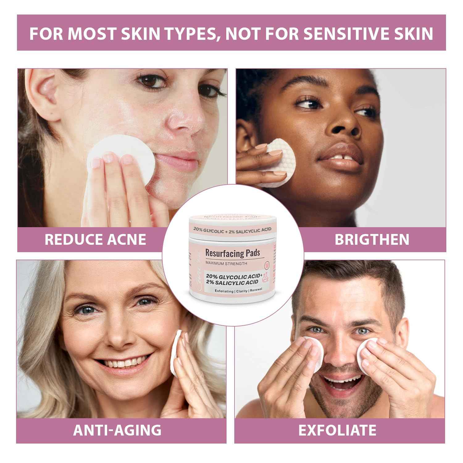 Glycolic Acid 20% & Salicylic Acid 2% Face Exfoliating Pads (50 Count)- Facial Peel Pads for Anti-Aging, Cleansing, Resurfacing, Brightening, Blemish Control, Revealing Clear, Glowing, Youthful Skin