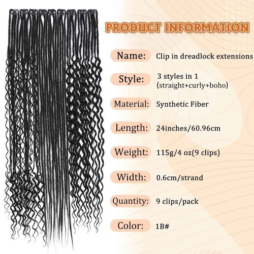 Aguacor 24inches 9PCS Clip in Dreadlock Extension Sets,36 Strands 3 Styles in 1 Mixed Straight Wavy Boho Thin Soft Clip in Dreads Extension Sets for Women (1B#,9 Clips)