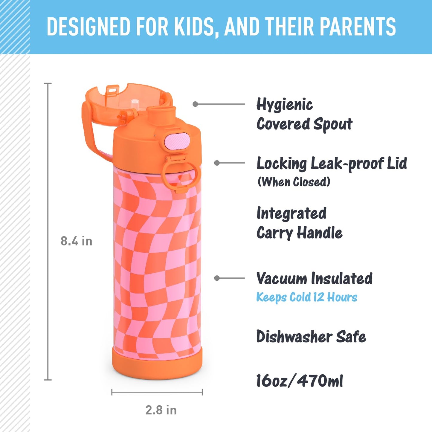 THERMOS FUNTAINER 16 Ounce Stainless Steel Vacuum Insulated Bottle with Wide Spout Lid, Wavy Checkers Orange