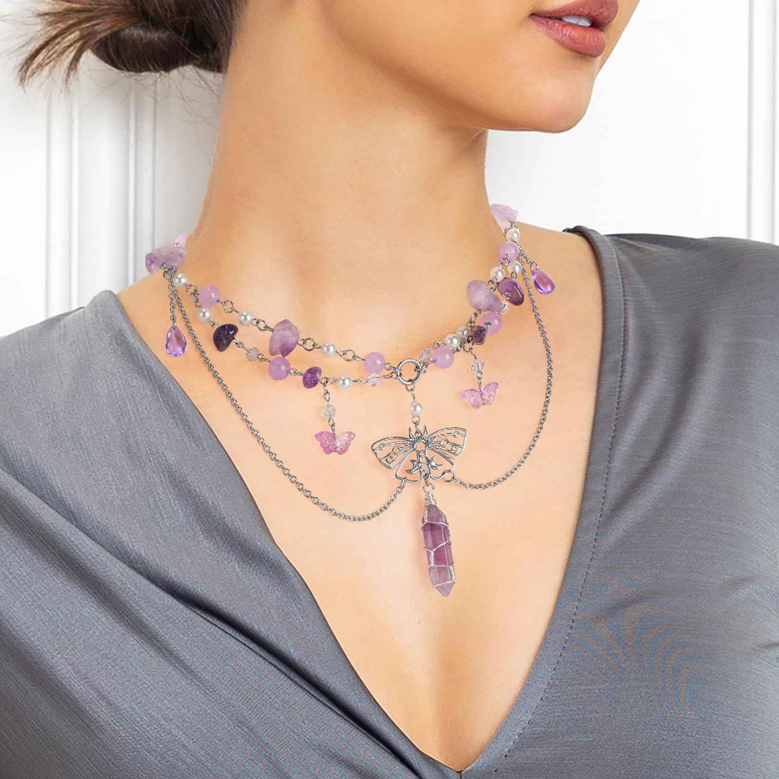 MOSTORY Purple Flower Crown and Fairy Necklace for Women Renaissance Halloween Cosplay