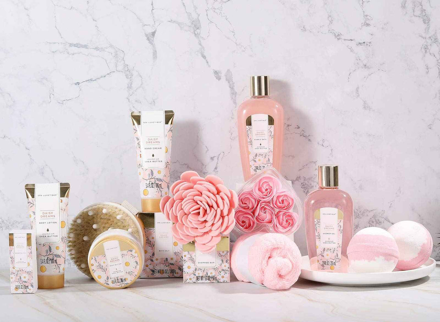 Spa Luxetique Gift Baskets for Women, Dasiy Dream Scented 15pcs Bath Gift Sets with Shower Gel, Hand Cream and Tote Bag, Mother's Day Gifts for Mom