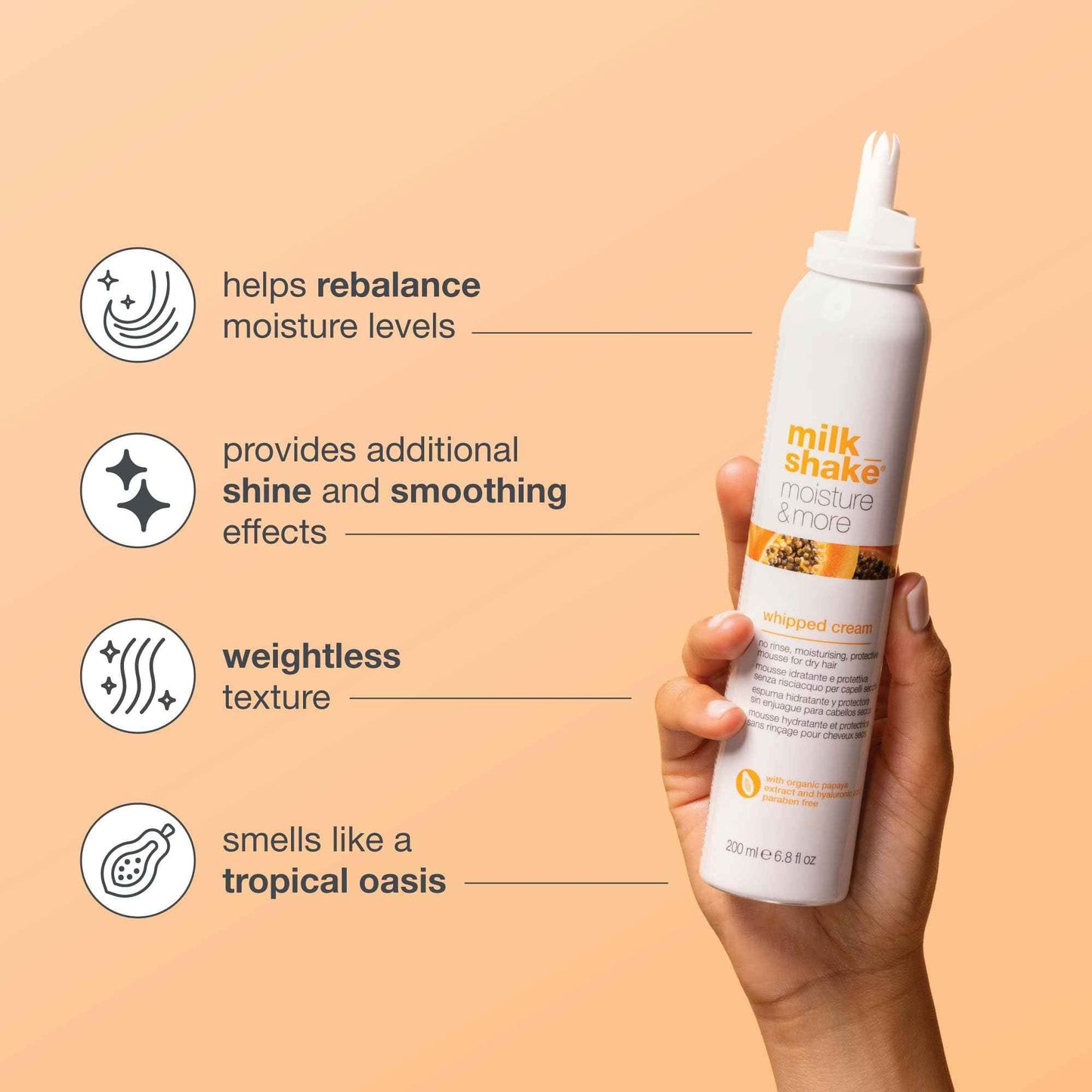 milk_shake Moisture & More Whipped Cream - Conditioning No Rinse Hair Moisturizer Foam | Shinier Hair with Healthy Glow | Boosts Softness | 6.8 fl oz (200 ml)