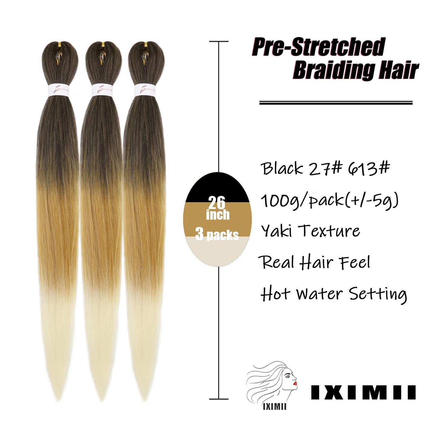 IXIMII Ombre Braiding Hair Pre Stretched 26 inch 3 packs Soft Prestretched Kanekalon Braiding Hair 1B27#613# Straight Crochet Braids Yaki Texture Synthetic Hair Extensions Hot Water Setting