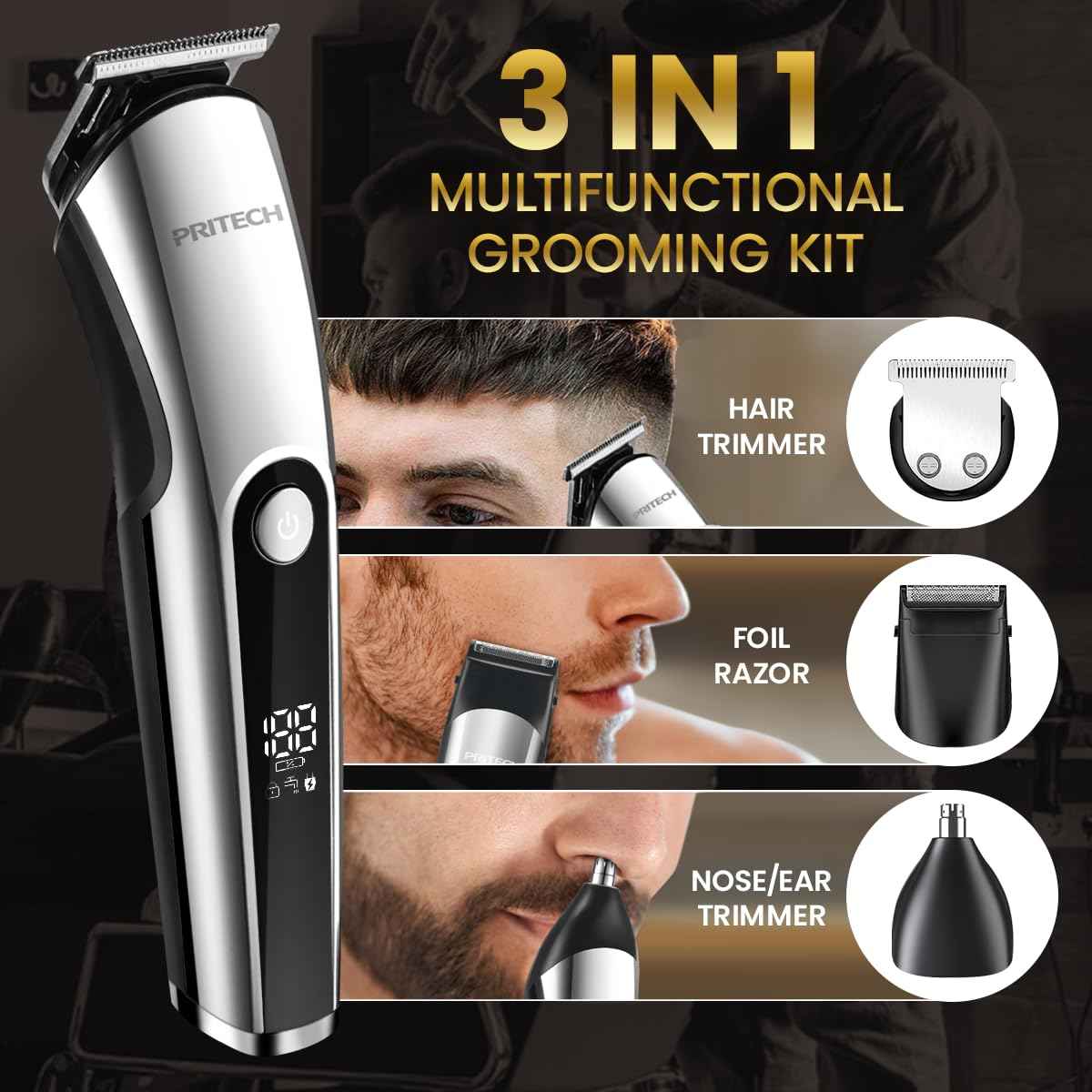 PRITECH Beard Trimmer for Men, 3 in 1 Hair Clippers for Men Kit, Nose,Ear,Micro Electric Shaver, Mens Grooming Set Cordless with LED Display IPX6 Waterproof (Silver)