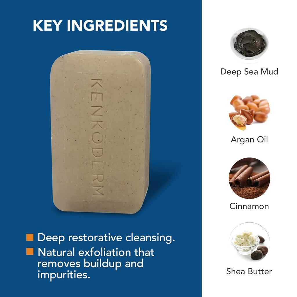 Kenkoderm Psoriasis Dead Sea Mud Soap with Argan Oil & Shea Butter, Natural Exfoliating Body & Face Cleanser for Sensitive Skin, Fragrance & Color-Free, 4.25 Ounce, 1 Bar