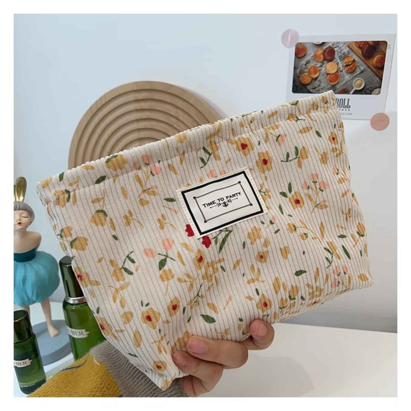 Nearawing 2 Pack Floral Canvas Makeup Bags - Zippered Organizers for Inner Bag, Cosmetics, Purses, Travel, and More (pink+yellw)