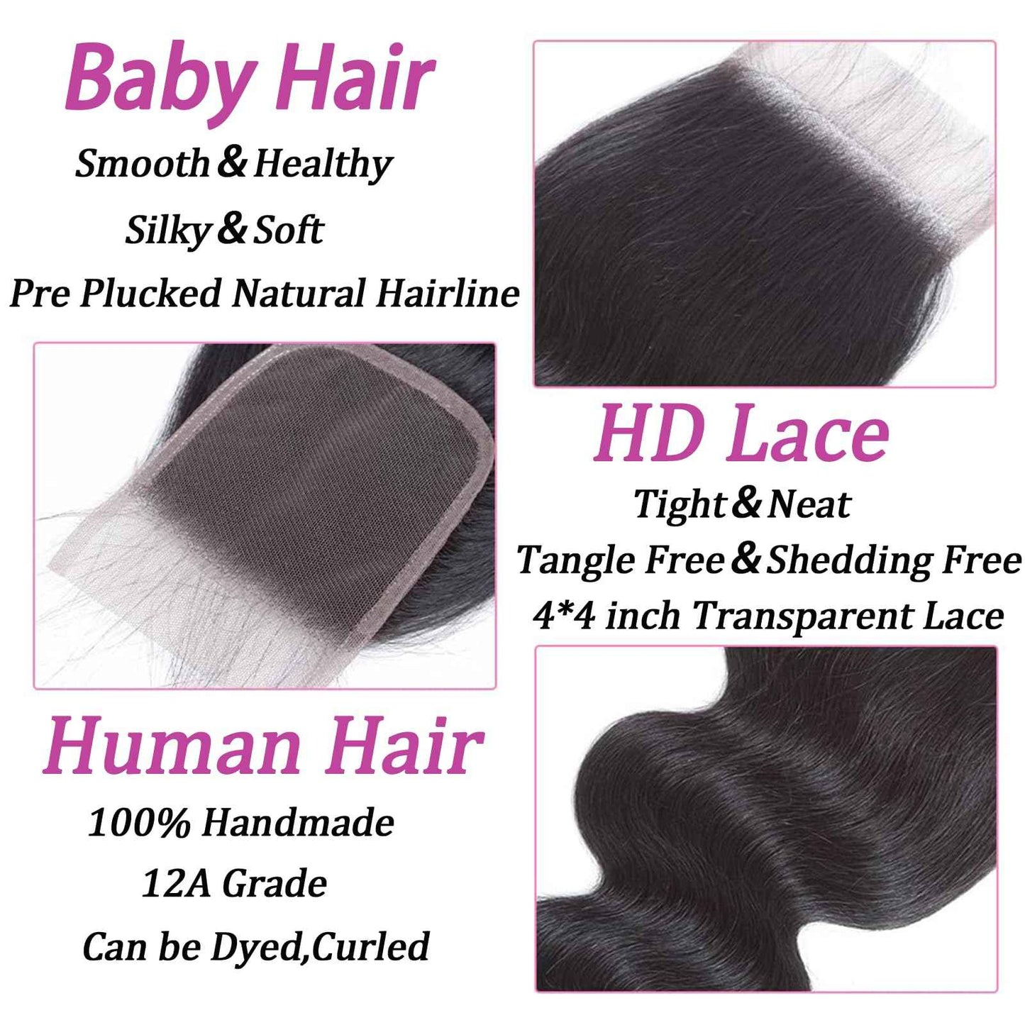 4x4 Transparent HD Lace Closure Only Body Wave Hair Closure Invisible Lace Closure 12A Brazilian Virgin Remy Human Hair Plucked with Baby Hair Natural Black 18 Inch