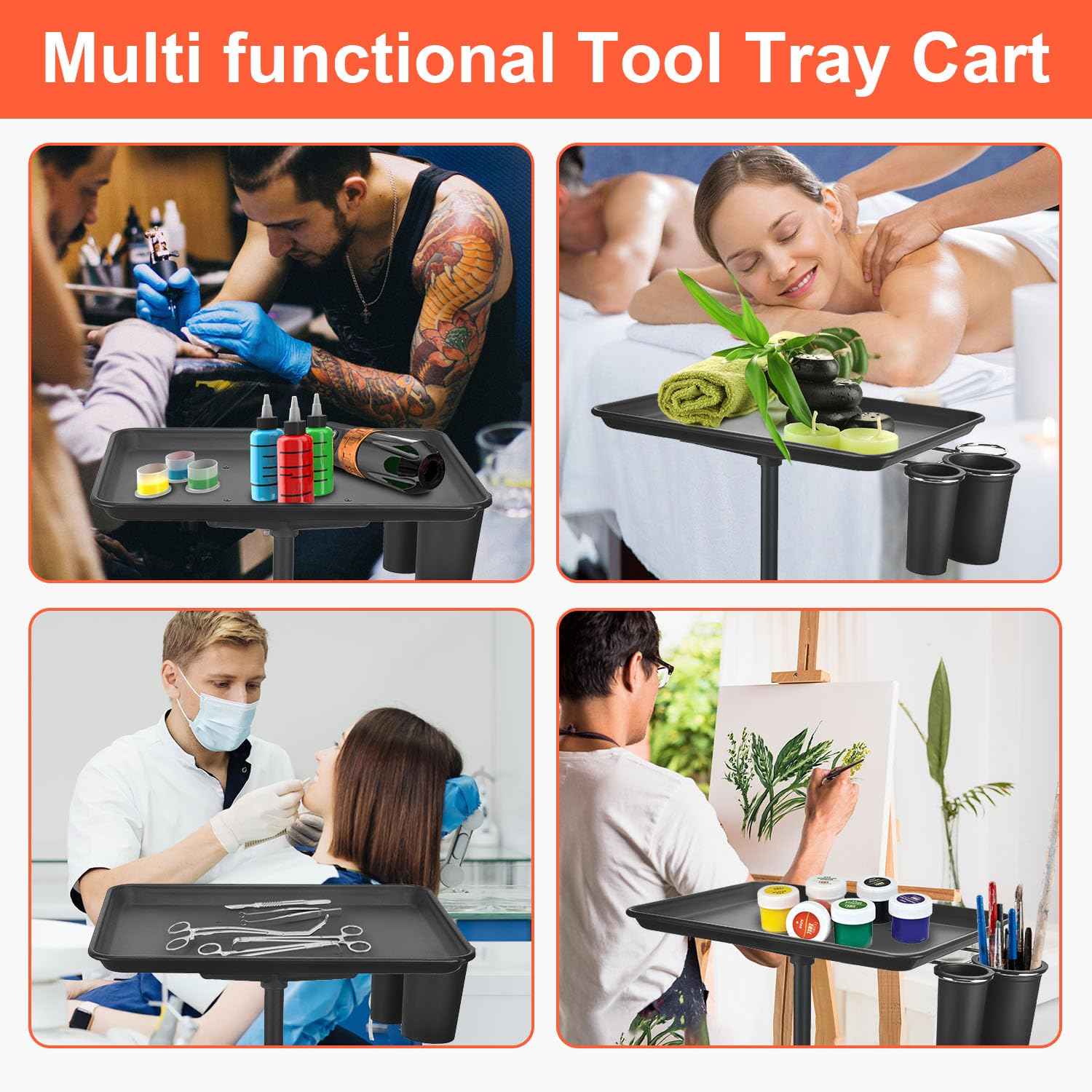 Salon Tray Cart, Metal Tattoo Tray with Tool Holder, Service Rolling Tray Adjustable Height, Storage Tray Trolley for Salon Spa Dental Use, Rolling Tray Cart