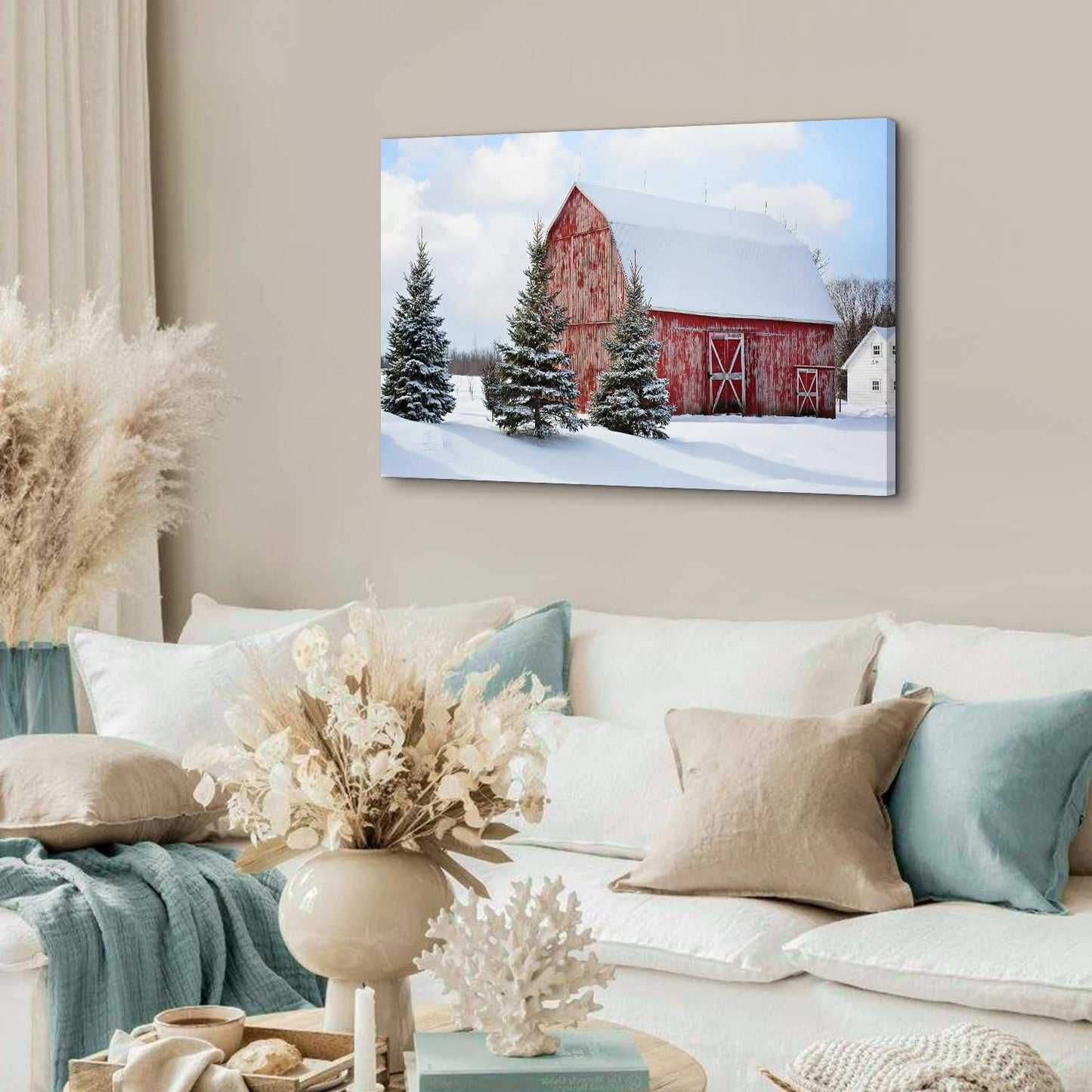 Christmas Canvas Wall Art Rustic Farmhouse Red Old Barn Landscape Pictures Wall Decor 24 x 36 Snowy Wilderness Christmas Tree Posters Framed Artwork for Home Living Room Bedroom Aesthetic Decoration