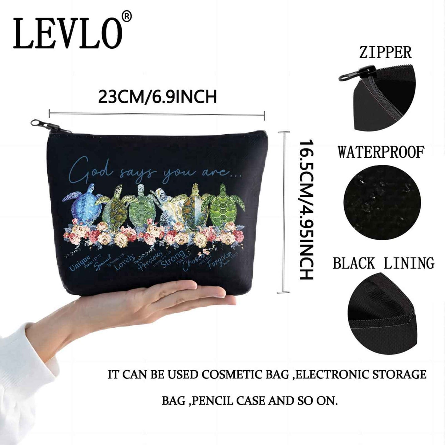 LEVLO Sea Turtle Cosmetic Make Up Bag Turtle Lover Gift God Says You Are Unique Special Lovely Chosen Forgiven Makeup Zipper Pouch Bag(God Says Turtle Black)